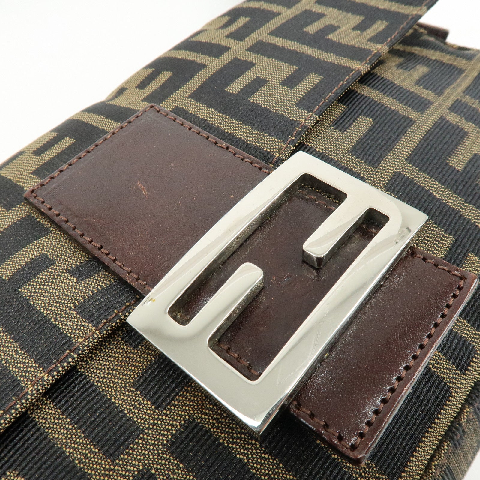 FENDI Mamma Baguette Jacquard Canvas Leather Shoulder Bag Brown 26424