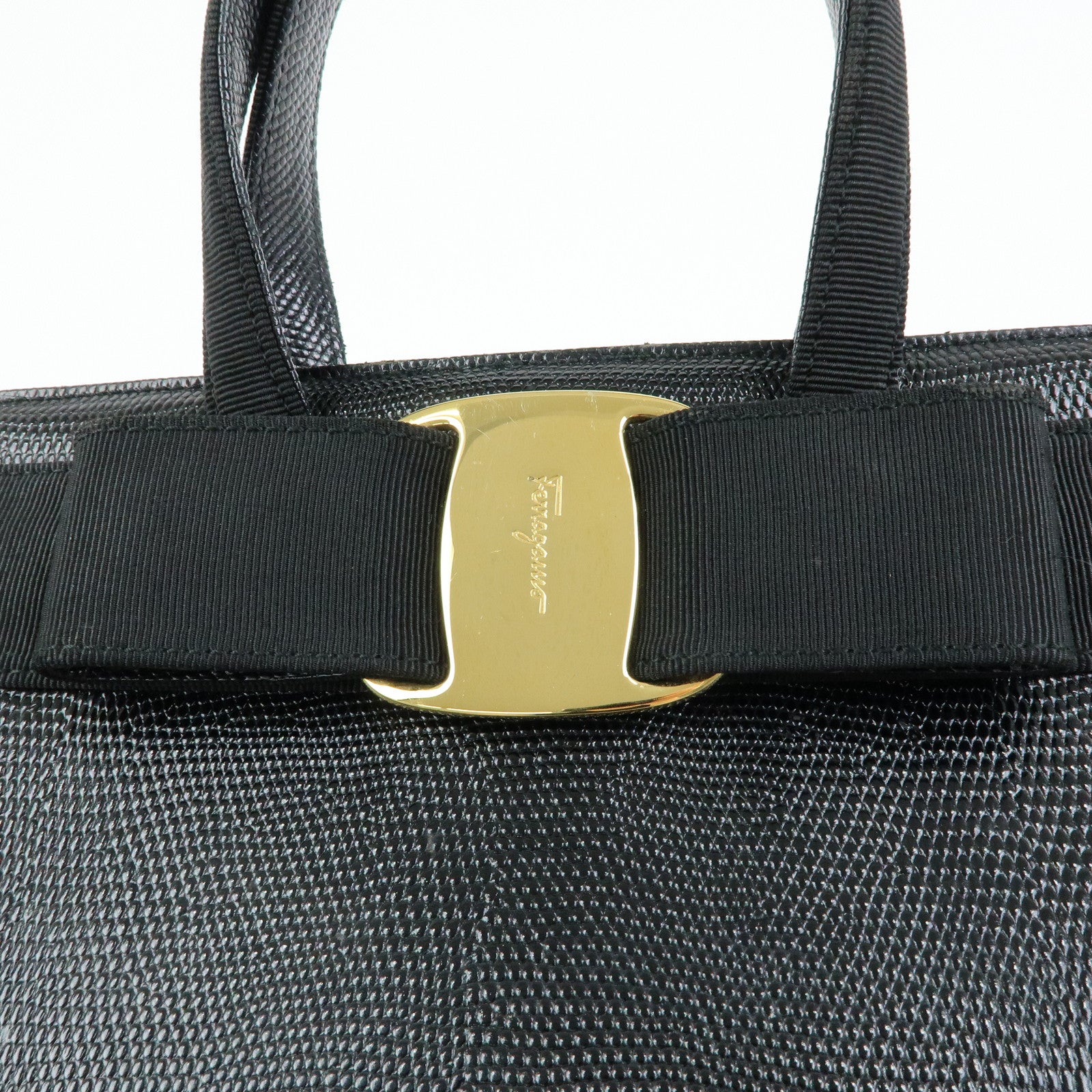 Ferragamo Vara Ribbon Embossed Leather Canvas 2Way Hand Bag Black