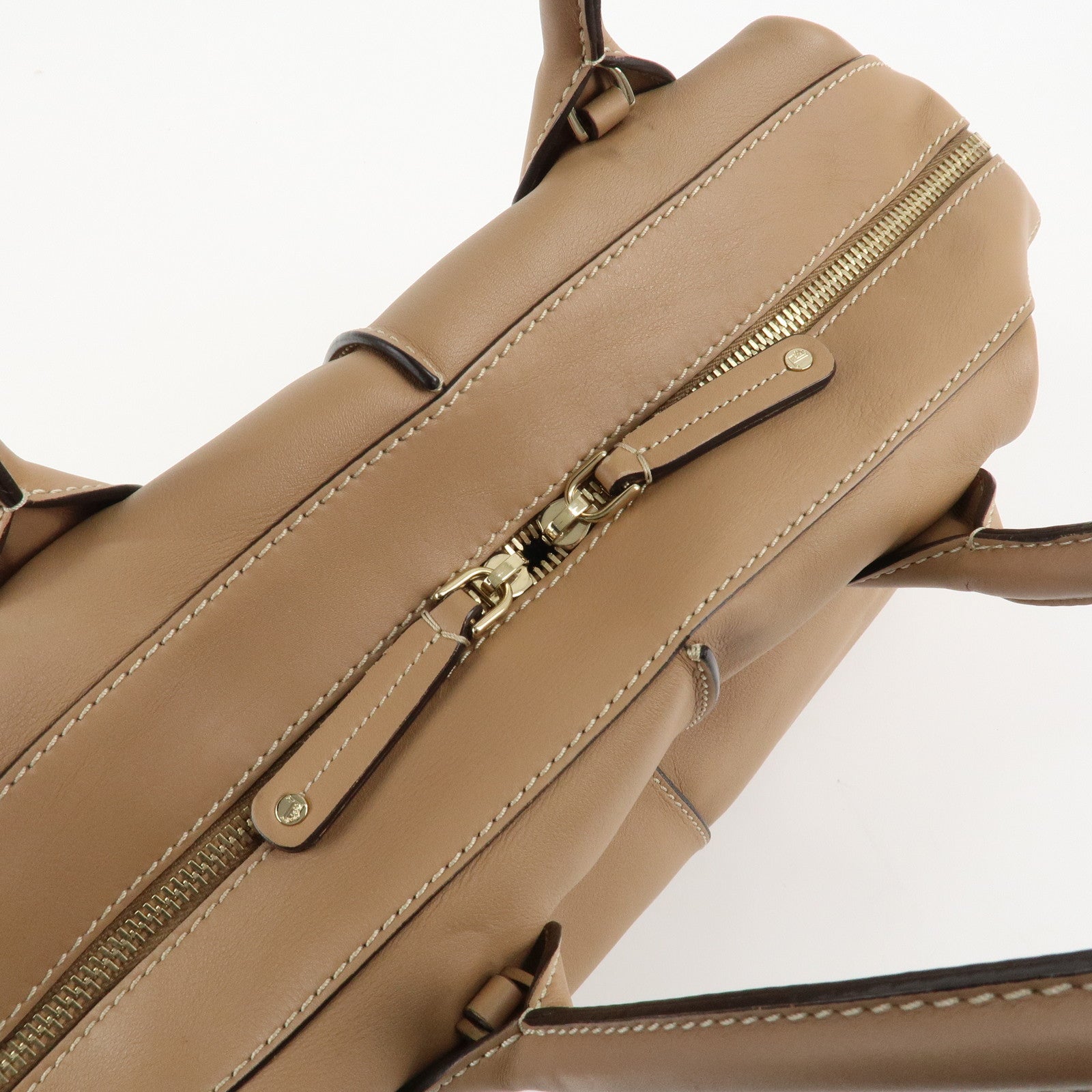 TOD'S Leather Shoulder Bag Boston Bag Hand Bag Beige Used