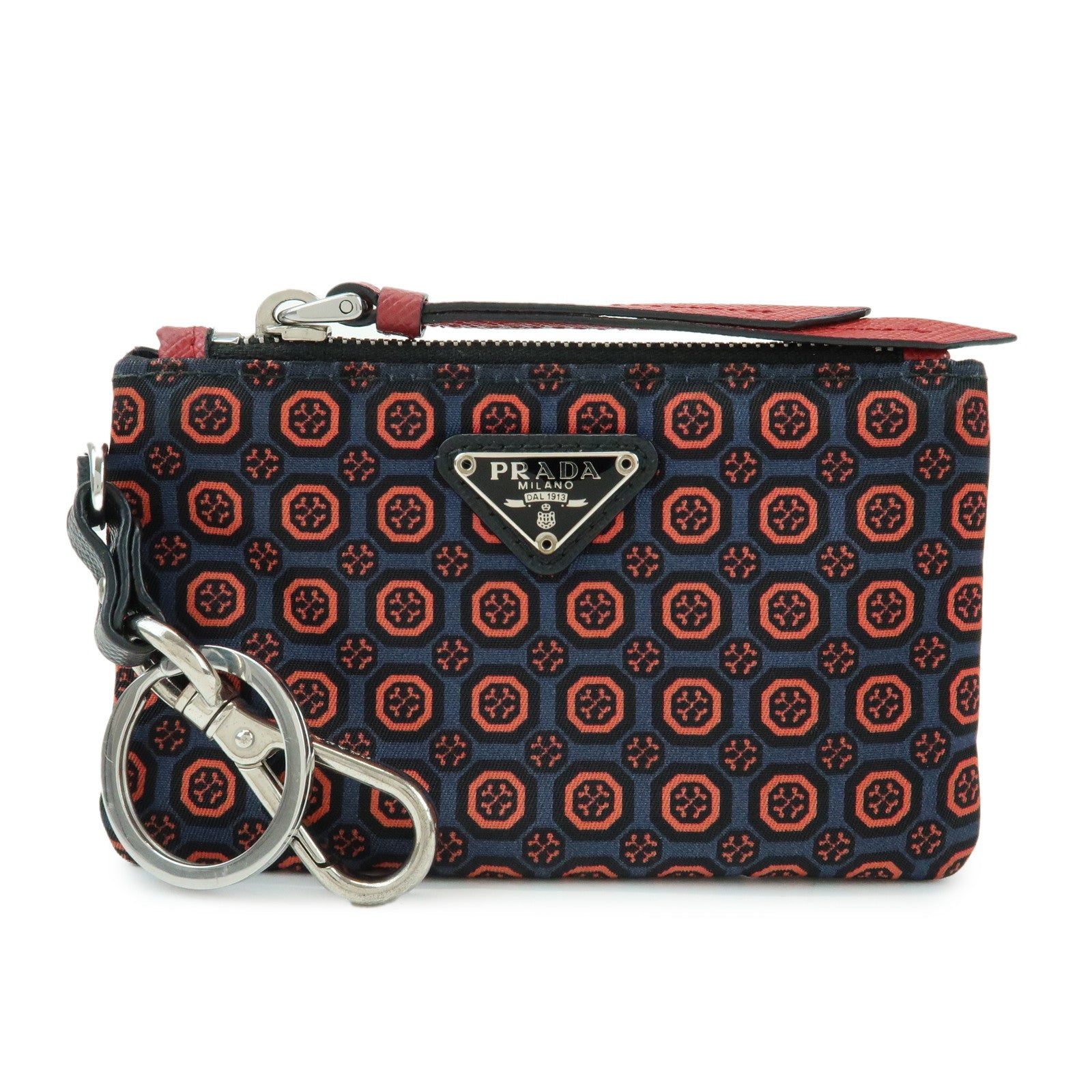 PRADA Triangle Logo Nylon Leather Mini Pouch Key Ring Navy 2TT072