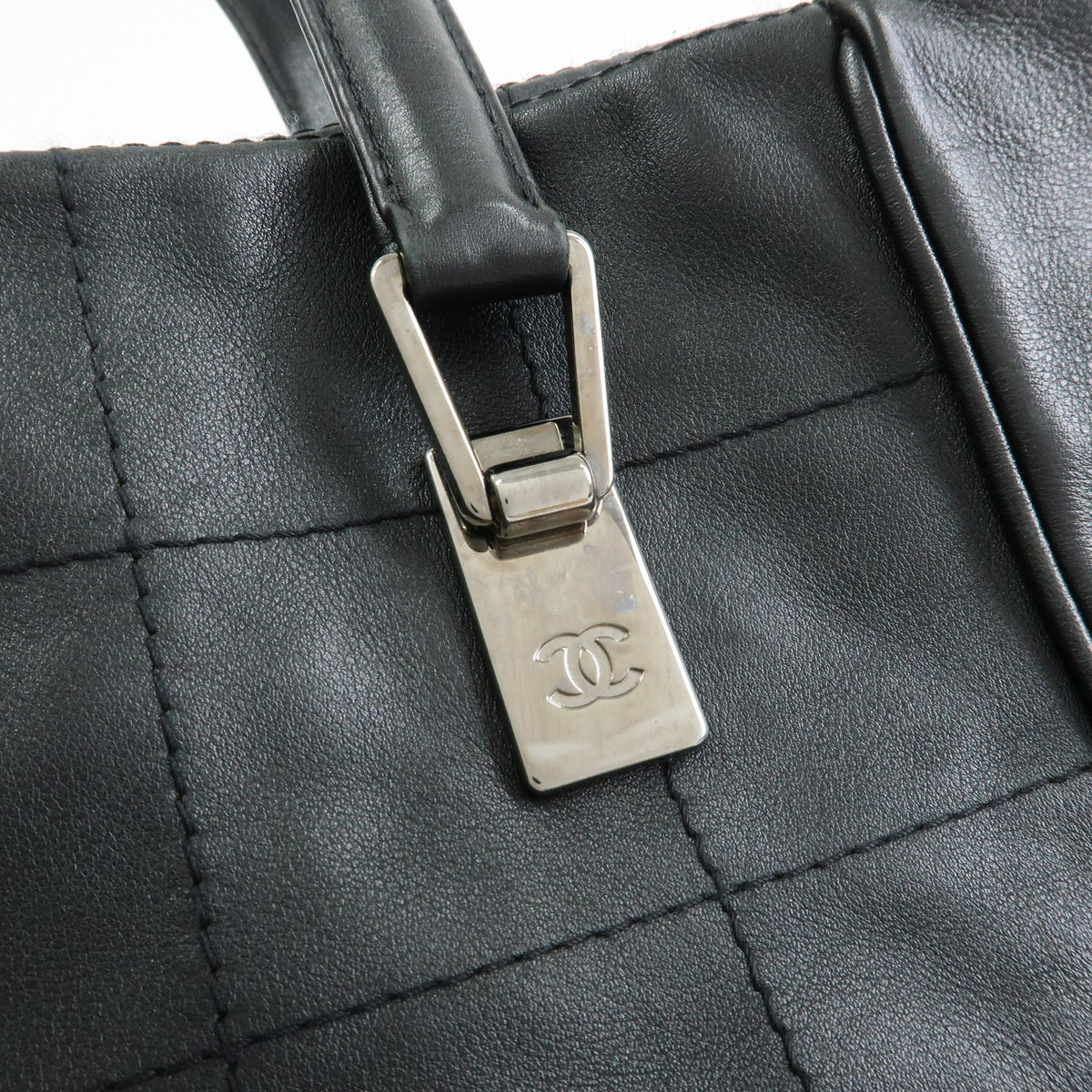 CHANEL Chocolate Bar COCO Mark Lamb Skin Hand Bag Tote Bag Black