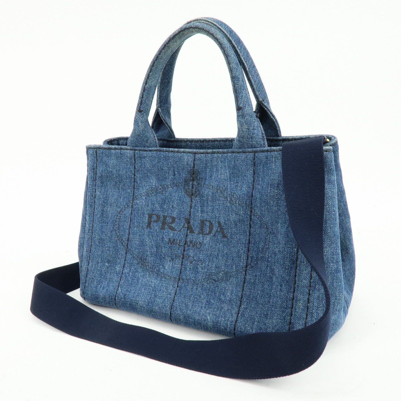 PRADA Canapa Mini Triangle Logo Denim 2Way Bag Hand Bag Blue 1BG439