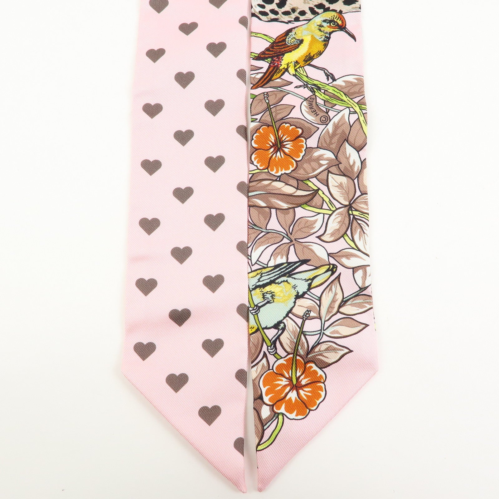 HERMES Twilly Silk 100% Scarf Jungle Love Love Pink Beige