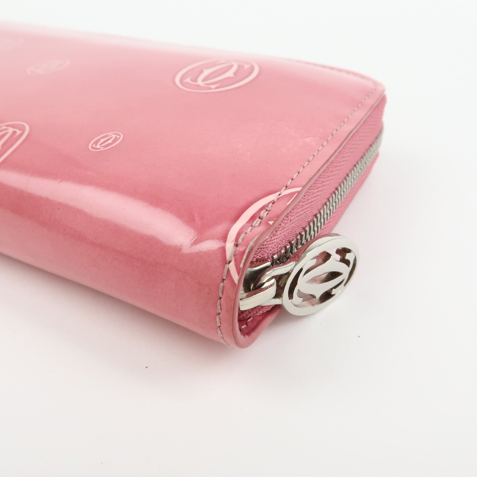 Cartier Happy Birthday Patent Leather Round Zippy Long Wallet Pink