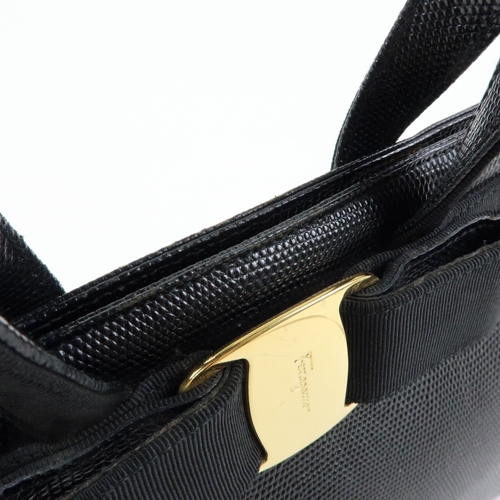 Ferragamo Vara Ribbon Embossed Leather Canvas 2Way Hand Bag Black