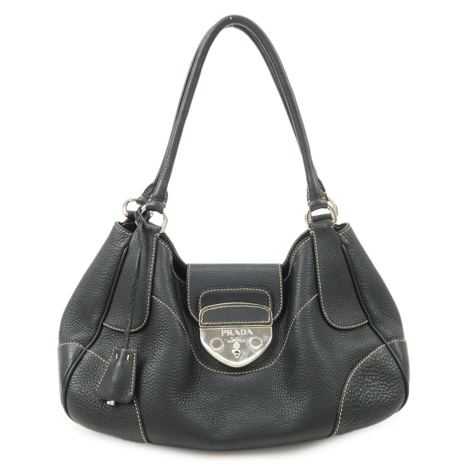 PRADA Logo Leather Shoulder Bag Hand Bag Black Silver Hardware