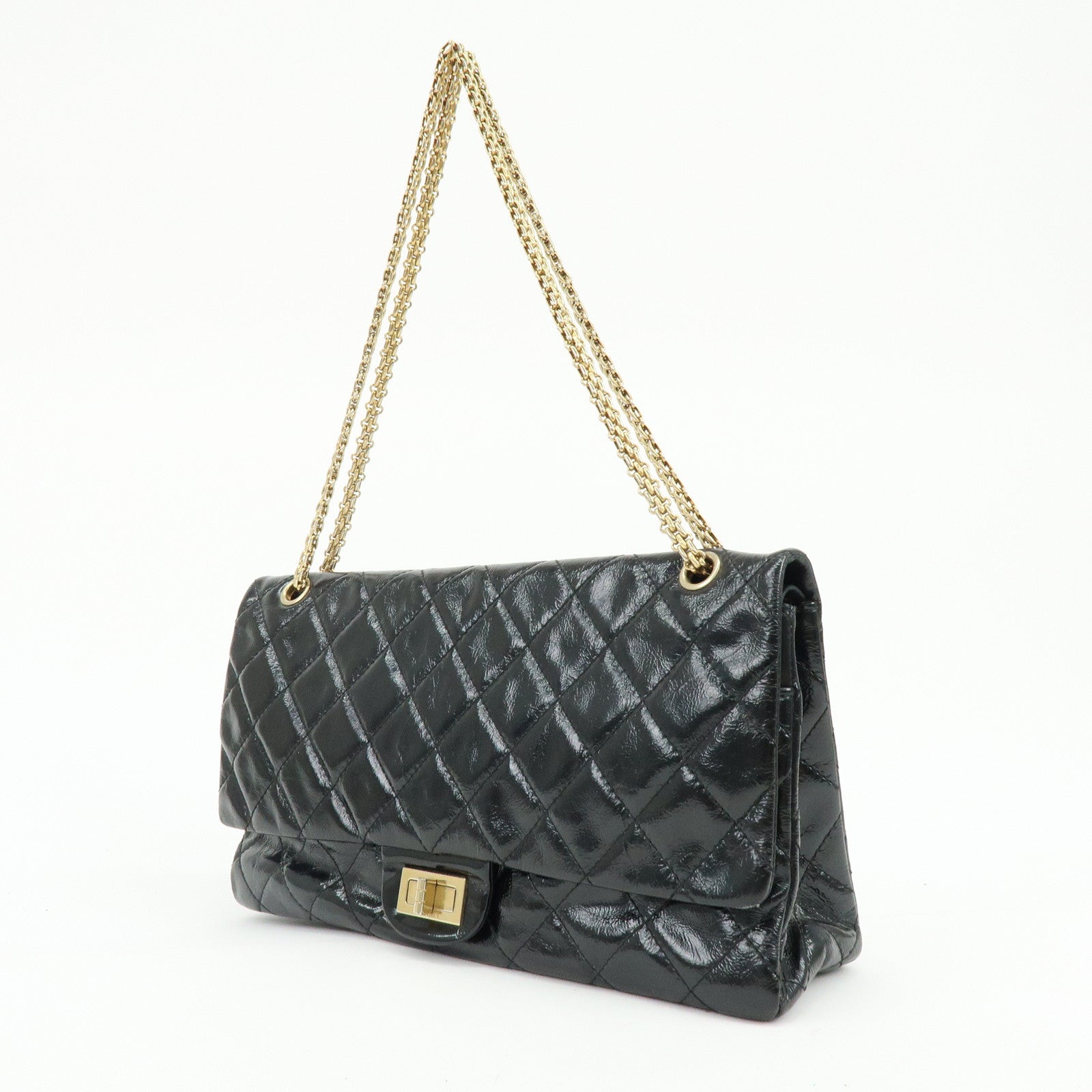 CHANEL 2.55 Patent Leather Chain Shoulder Bag Turn Lock Black