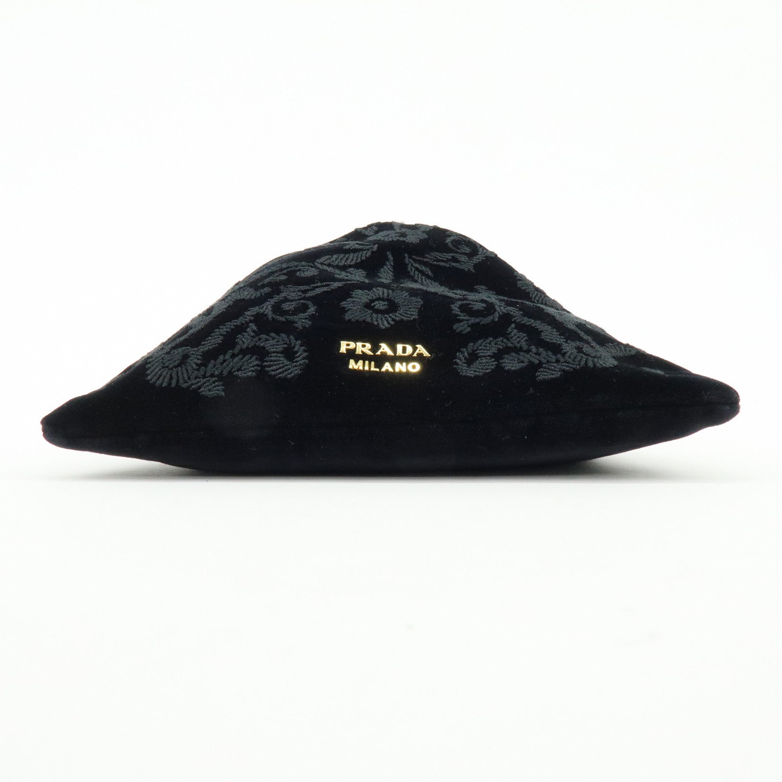 PRADA Logo Velvet Leather Drawstring Pouch Embroidery Black 1MU001