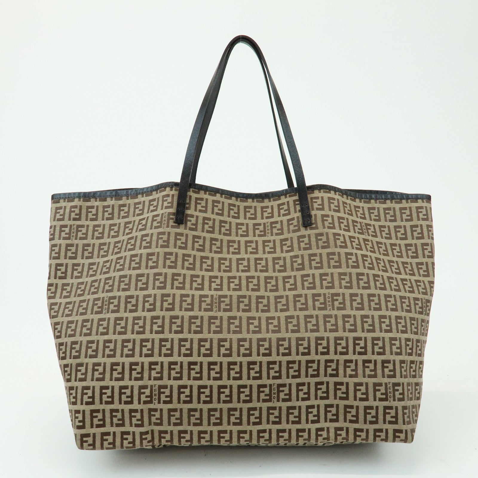 FENDI Zucchino Canvas Leather Tote Bag Shoulder Bag Brown