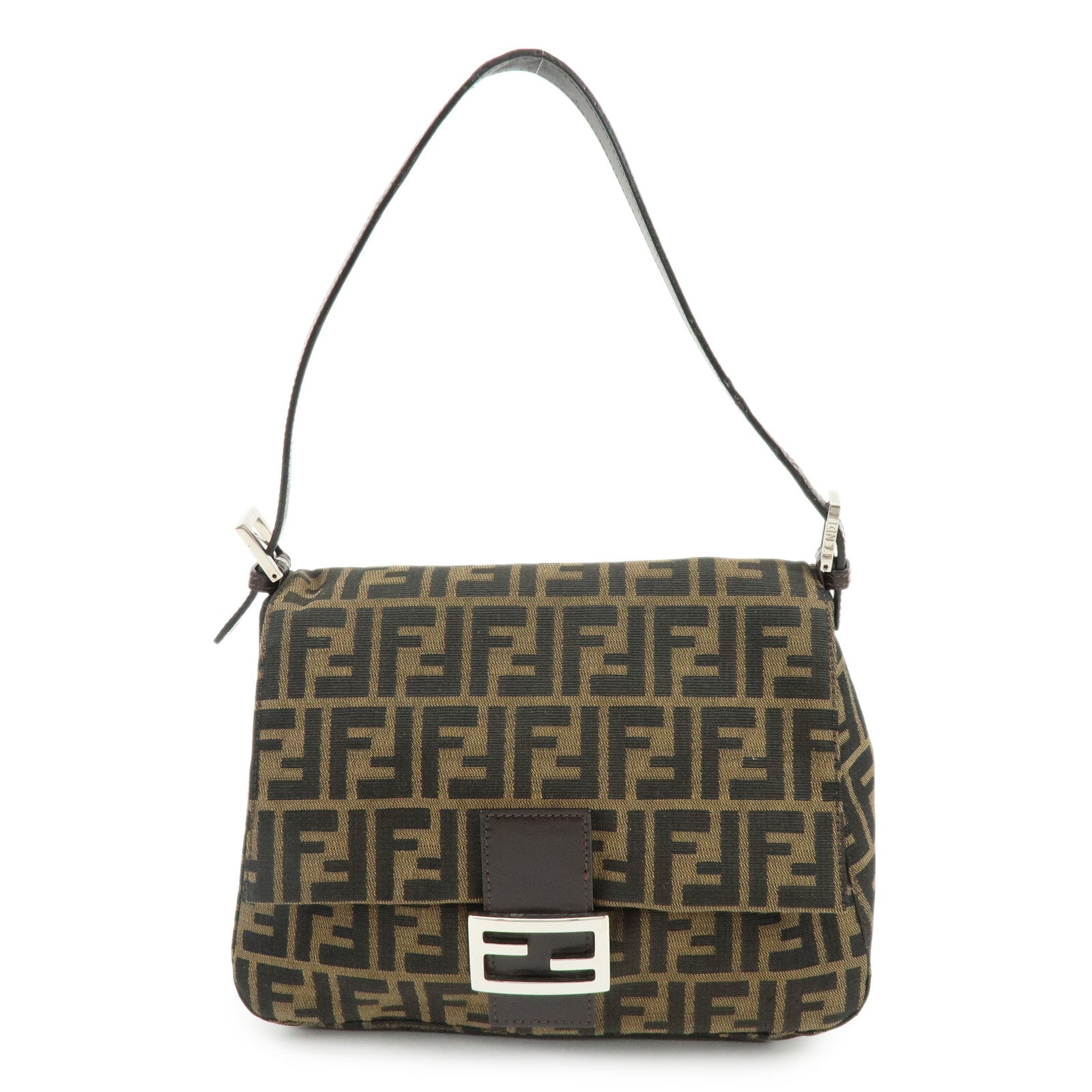 FENDI Mamma Baguette Zucca Canvas Leather Shoulder Bag Brown 26325