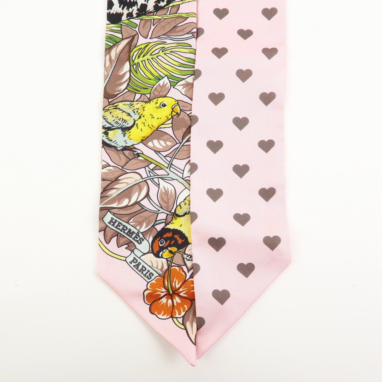 HERMES Twilly Silk 100% Scarf Jungle Love Love Pink Beige
