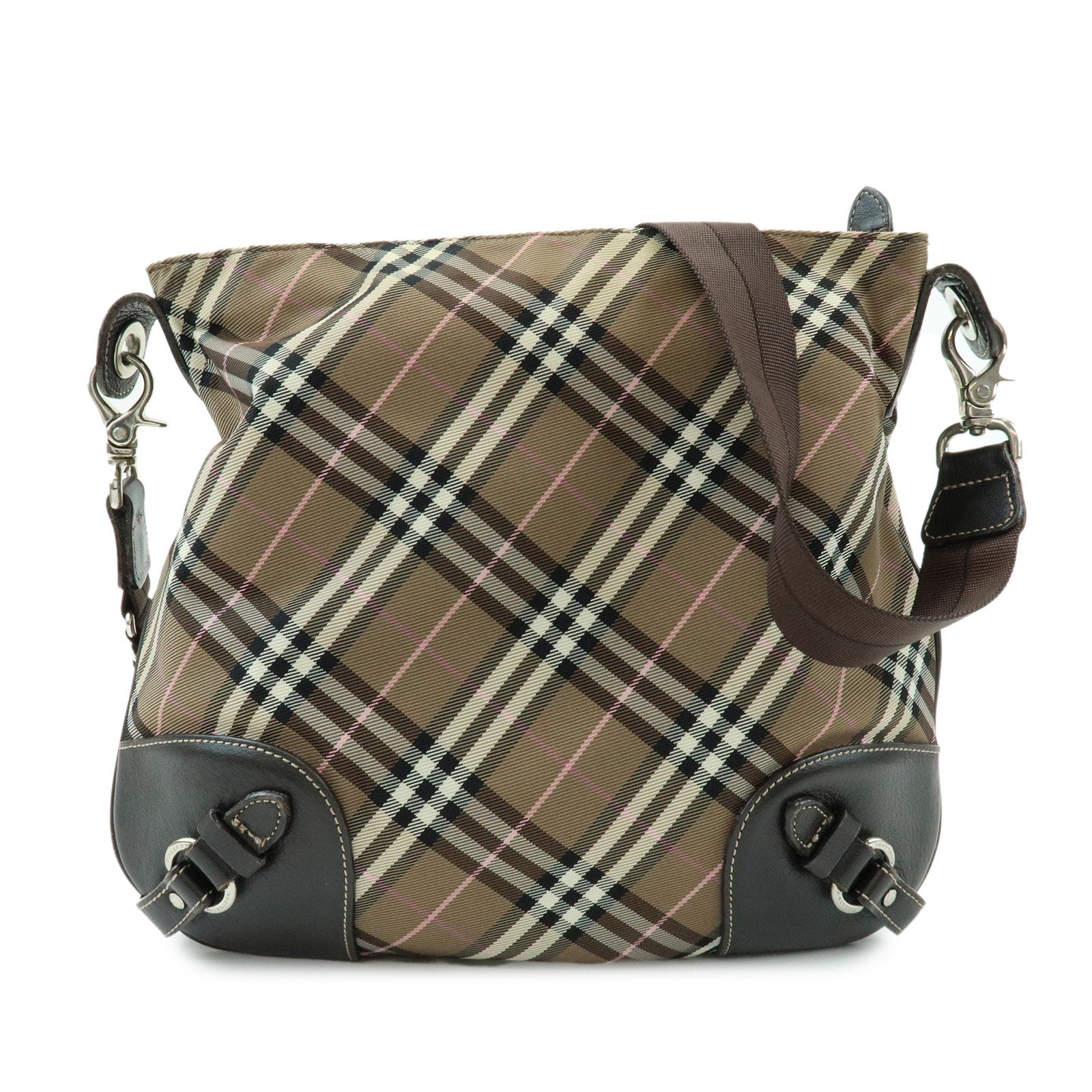 BURBERRY Nova Plaid Blue Label Canvas Leather Shoulder Bag Brown