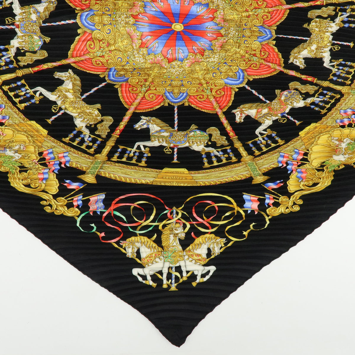 HERMES Pleated Carre 90 Silk 100% Luna Park Black Multicolor