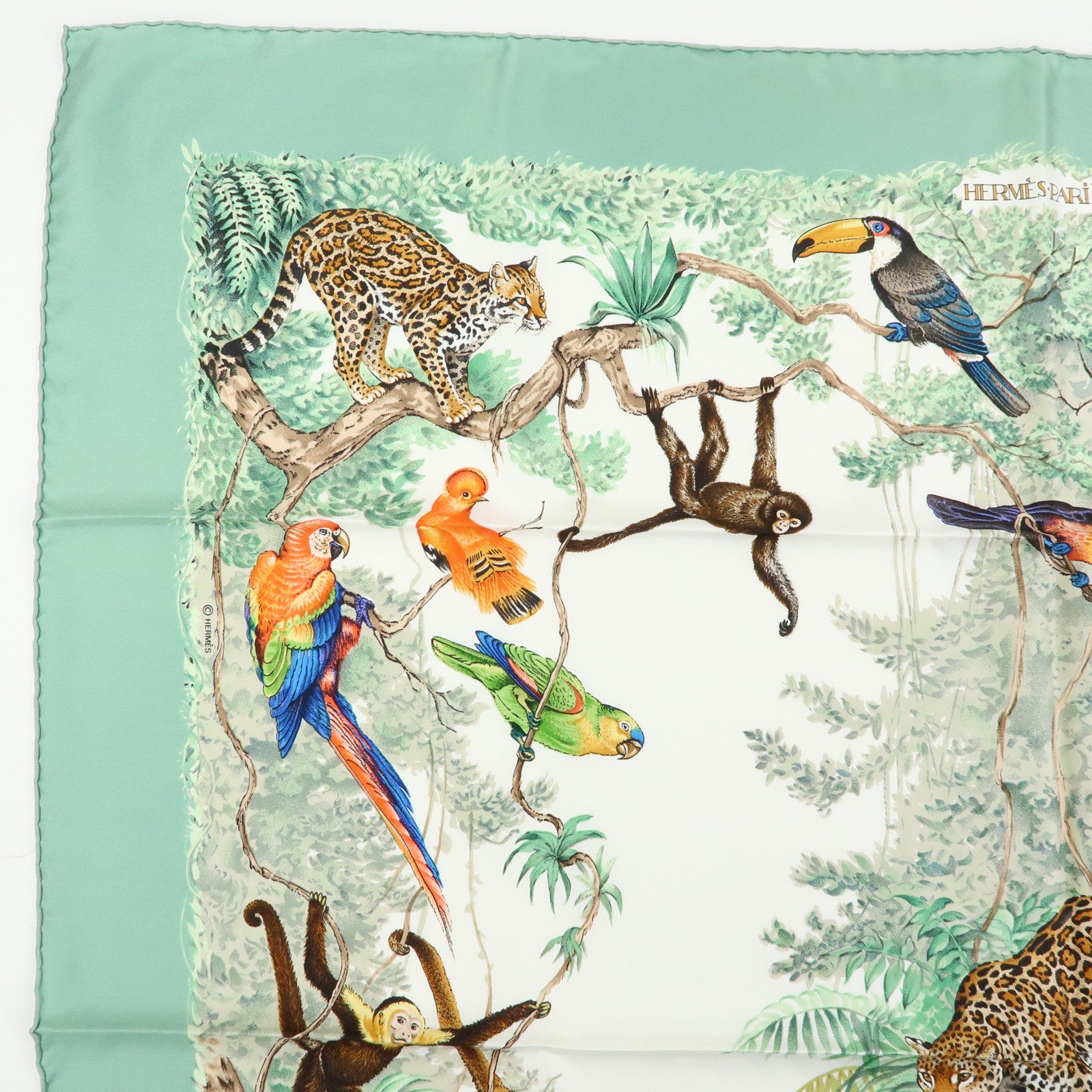 HERMES Carre 90 Silk 100% Scarf EQUATEUR Light Green Brown White