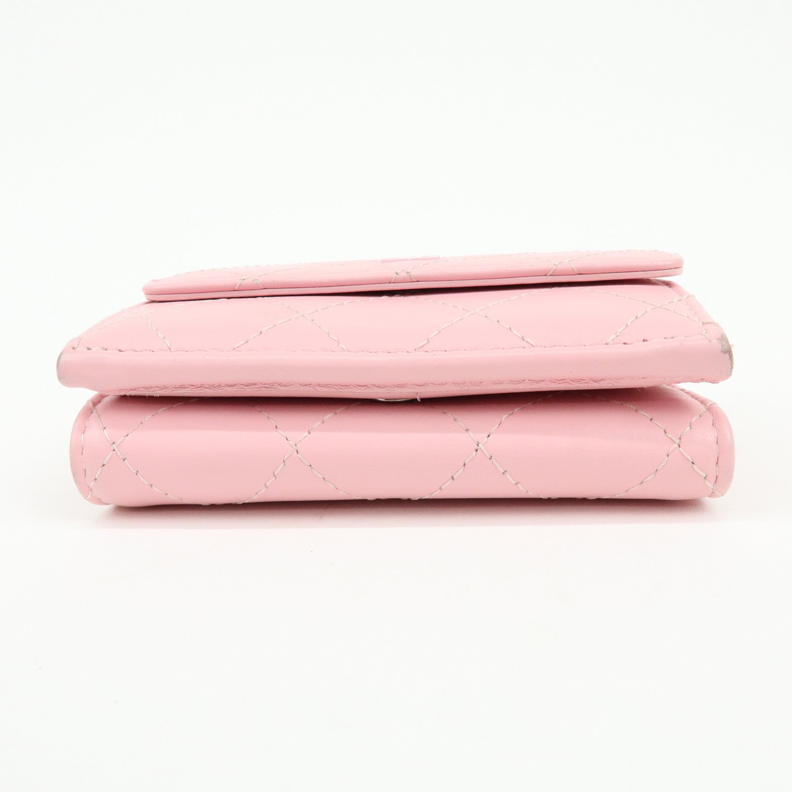 CHANEL COCO Mark Wild Stitch Calf Skin Tri-Fold Compact Wallet Pink