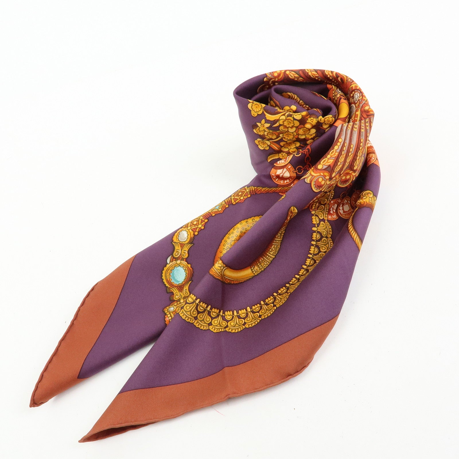 HERMES Carre 90 Silk 100% Scarf KOSMIMA Jewelry Brown Mustard Purple