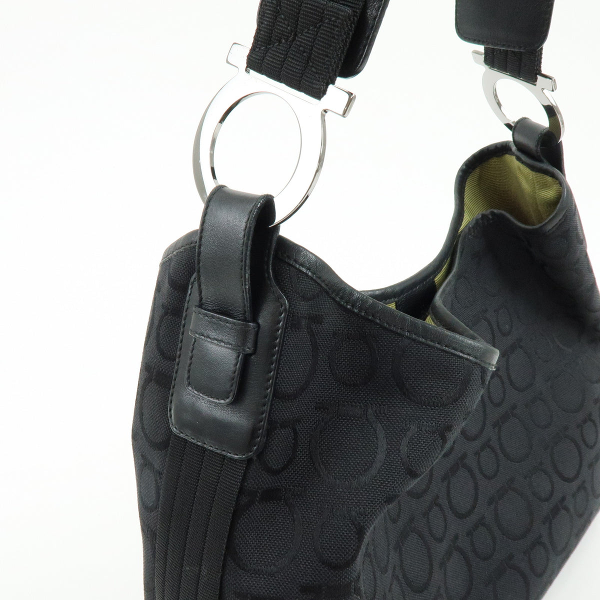Ferragamo Gancini Canvas Leather Shoulder Bag Hand Bag Black