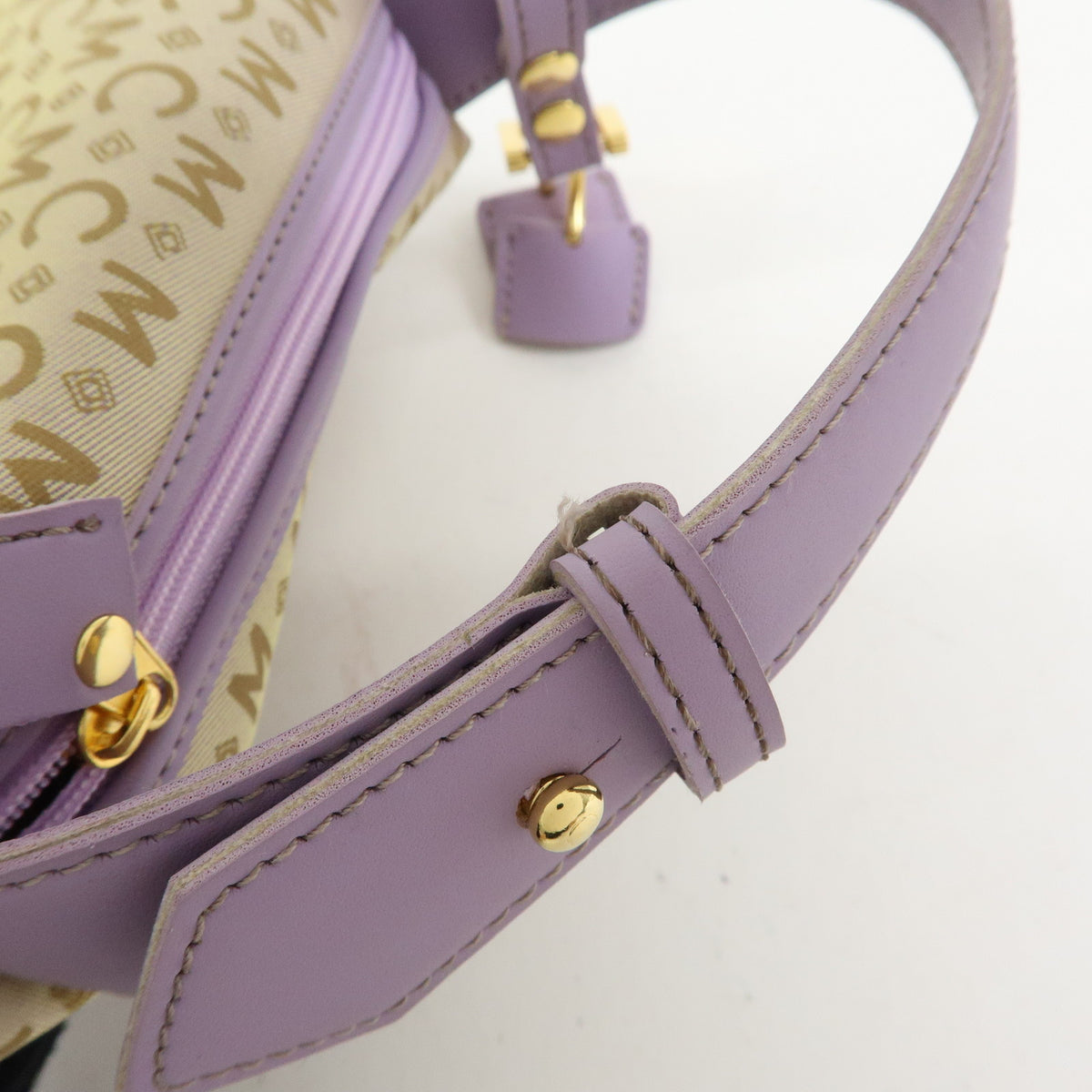 MCM Visetos Jacquard Canvas Leather Mini Hand Bag Beige Purple