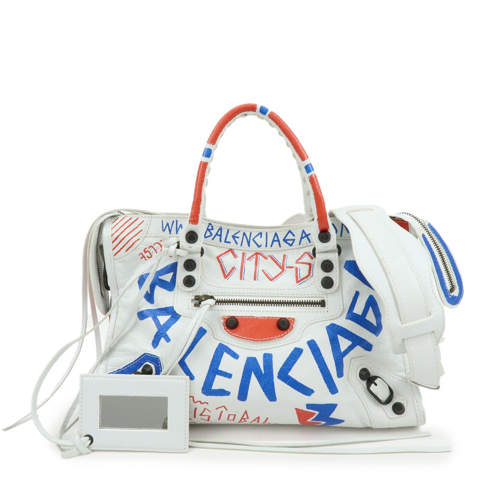 BALENCIAGA City Graphiti Classic Leather 2Way Bag Hand Bag White 431621