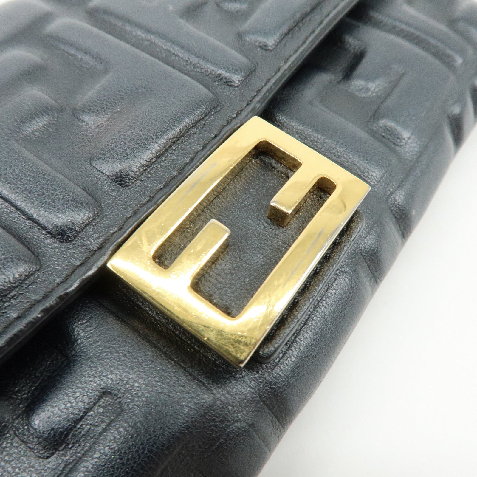 FENDI Baguette Zucca Embossed Leather Chain Long Wallet Black 8M0365
