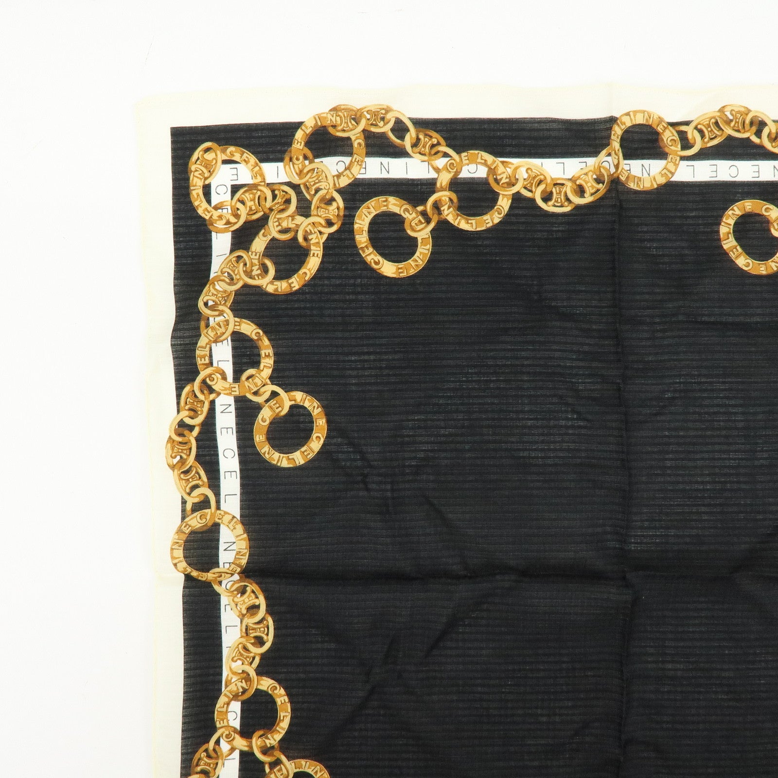 CELINE Set of 2 Silk Cotton Handkerchief Scarf Chain Motif Black Gold