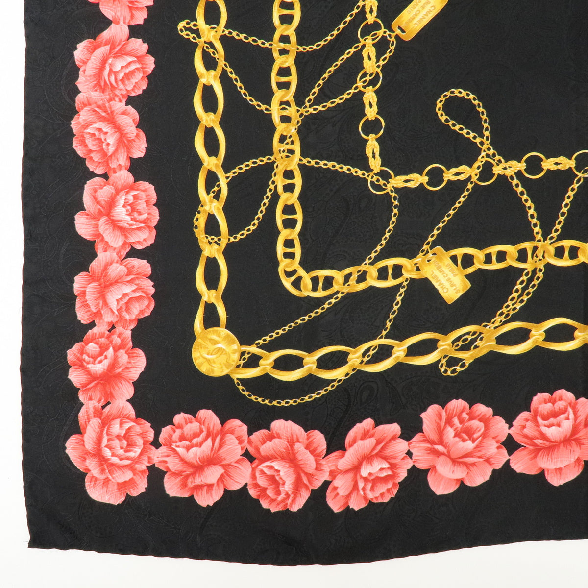 CHANEL Lot of 2 Silk 100% Scarf Flower Jewelry Motif Black Gold