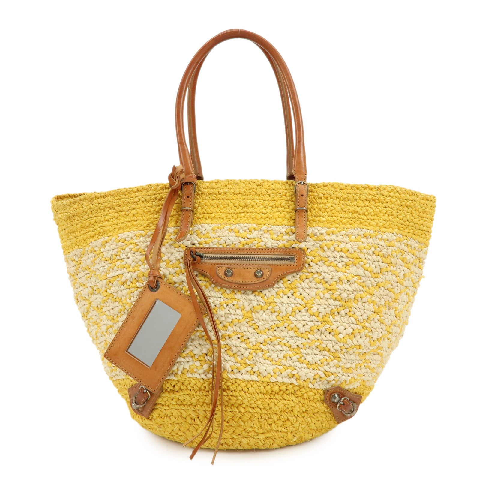 BALENCIAGA Raffia Leather Panier Tote Bag Yellow Natural 286370