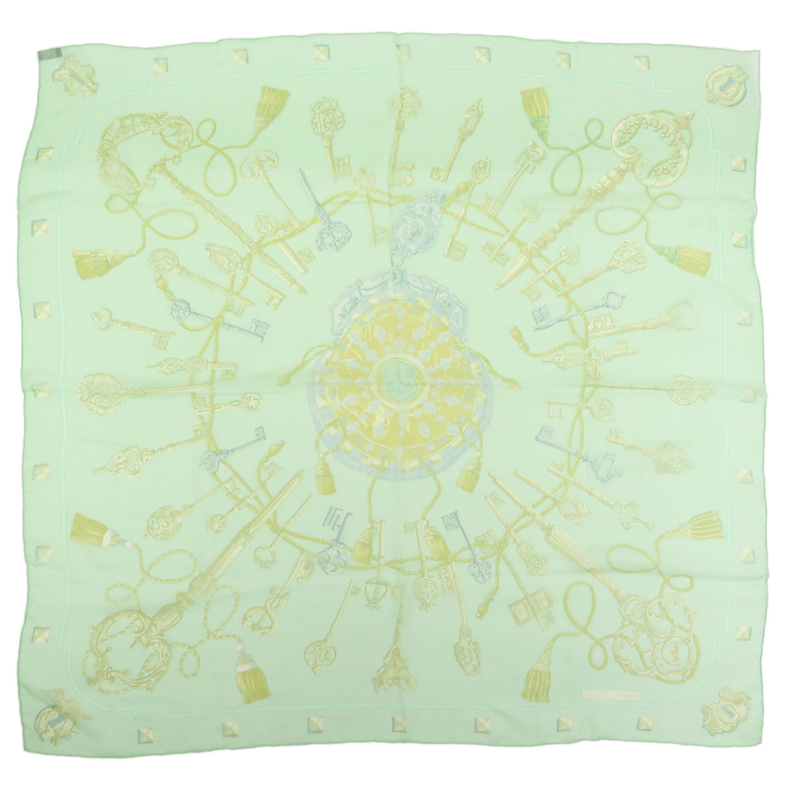 HERMES Carre 90 Silk 100% Scarf LES CLES THE KEYS RARE Light Green