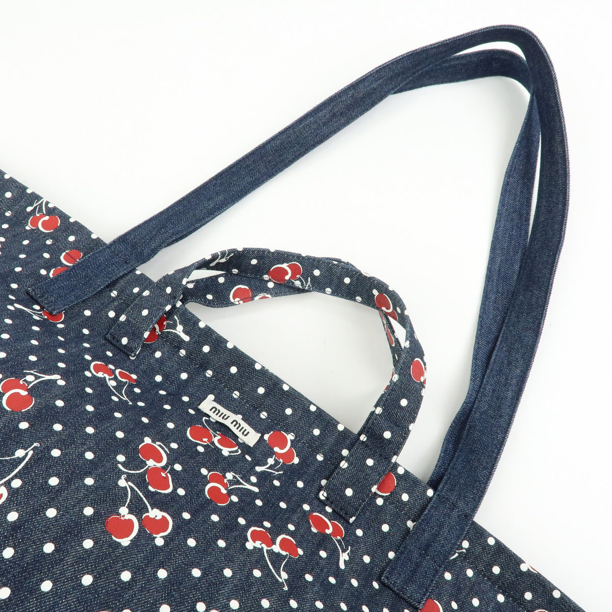 MIU MIU Denim 2Way Bag Tote Shoulder Bag Dots Cherry Print Blue 5BG108