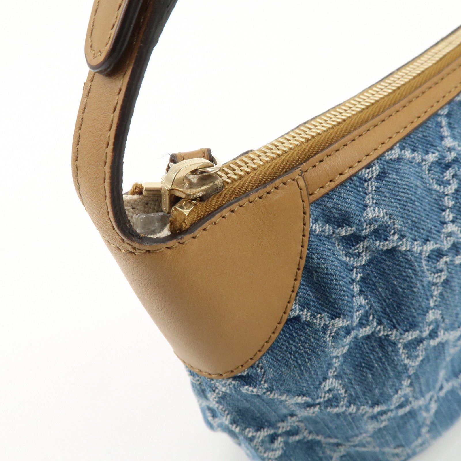 GUCCI GG Denim Leather Accessory Pouch Hand Bag Blue Brown 224093 Used