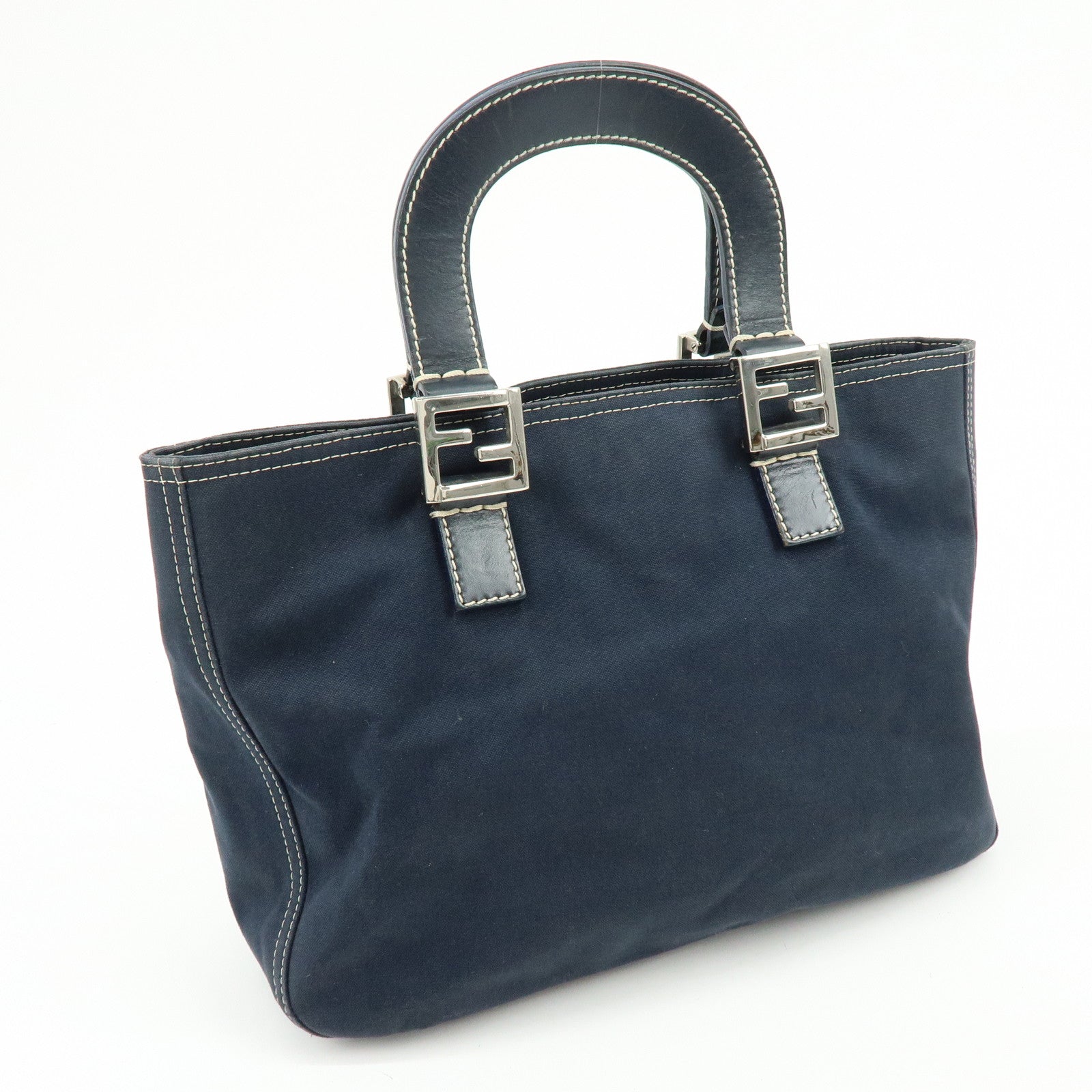 FENDI Canvas Leather Tote Bag Hand Bag White Stitch Navy 26693