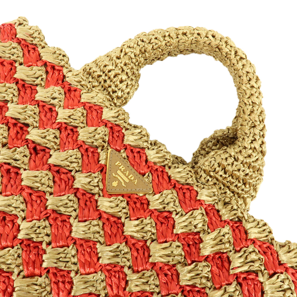 PRADA Canapa Triangle Logo Raffia Tote Bag Hand Bag Natural Red BN2303