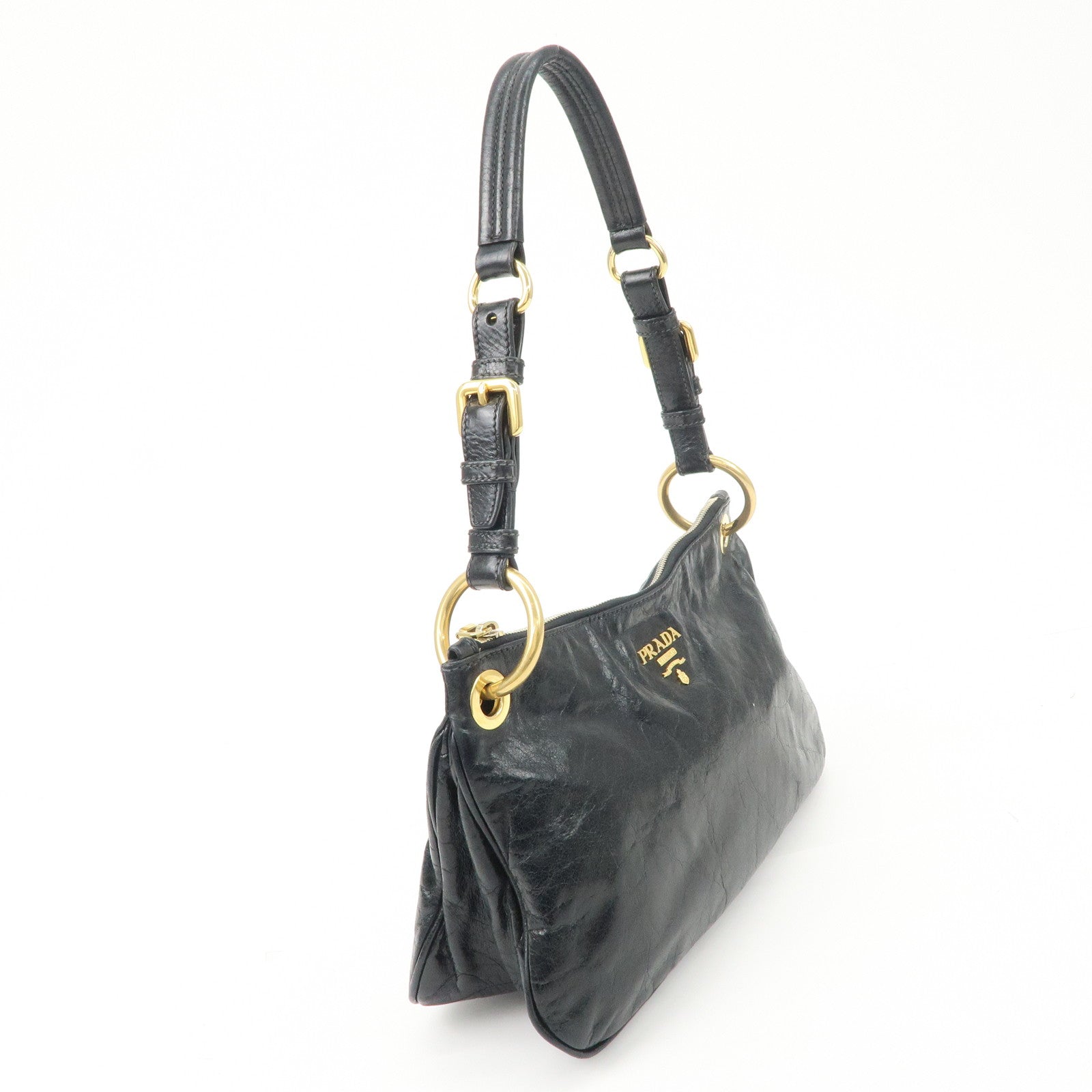 PRADA Logo Leather Shoulder Bag Hand Bag Gold Hardware Black Used