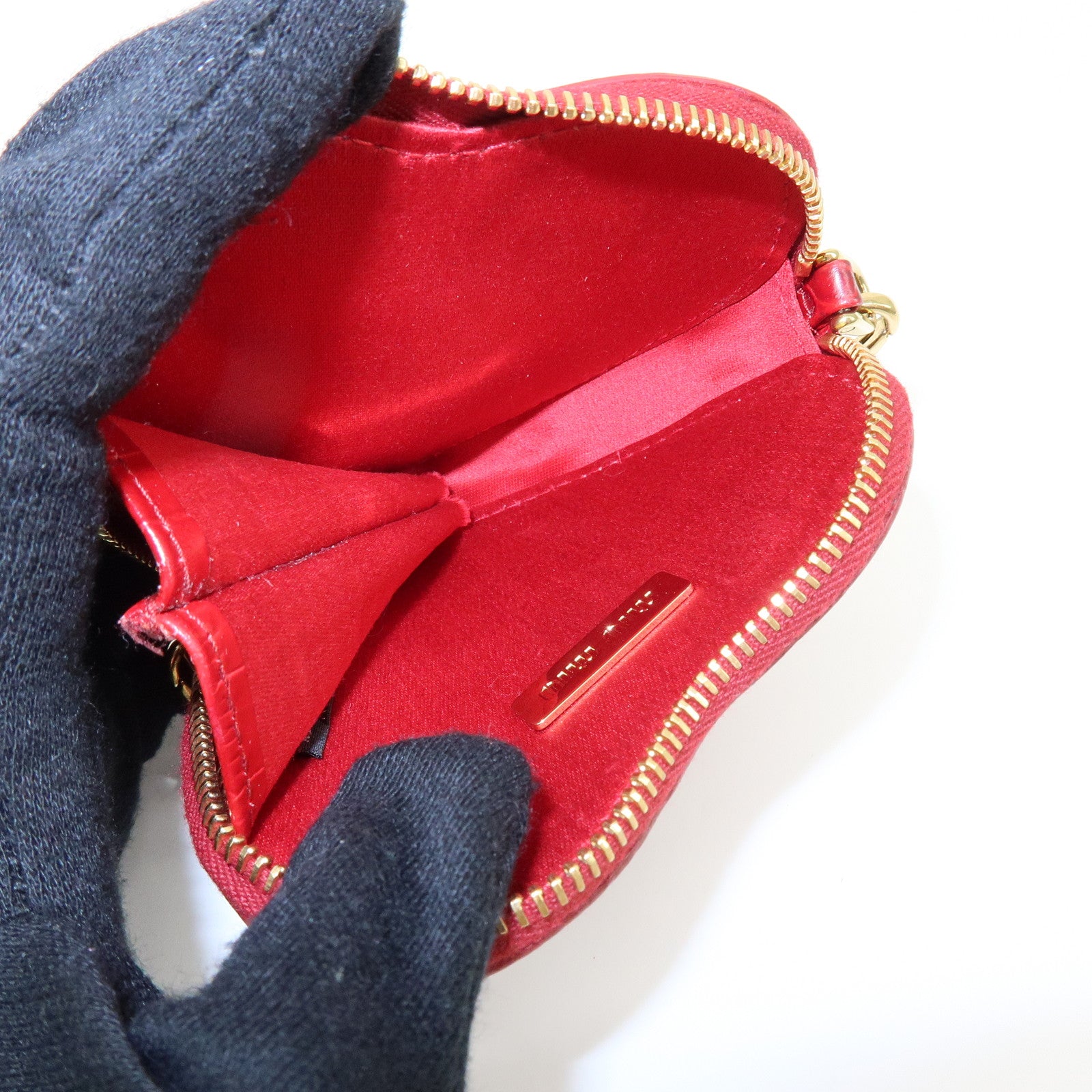 MIU MIU Embossed Leather Coin Case Bag Charm Heart Motif Red 5TL358
