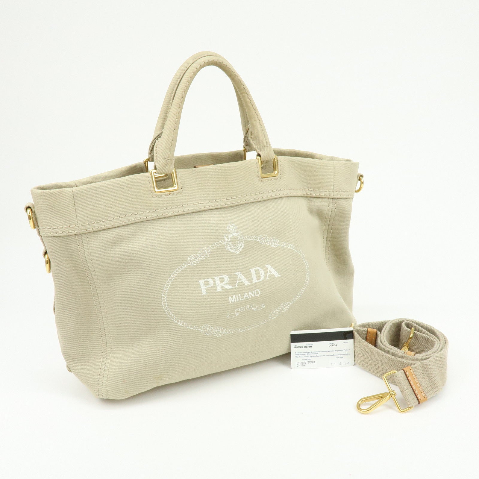 PRADA Triangle Logo Canvas 2Way Bag Tote Shoulder Bag Beige BN2069