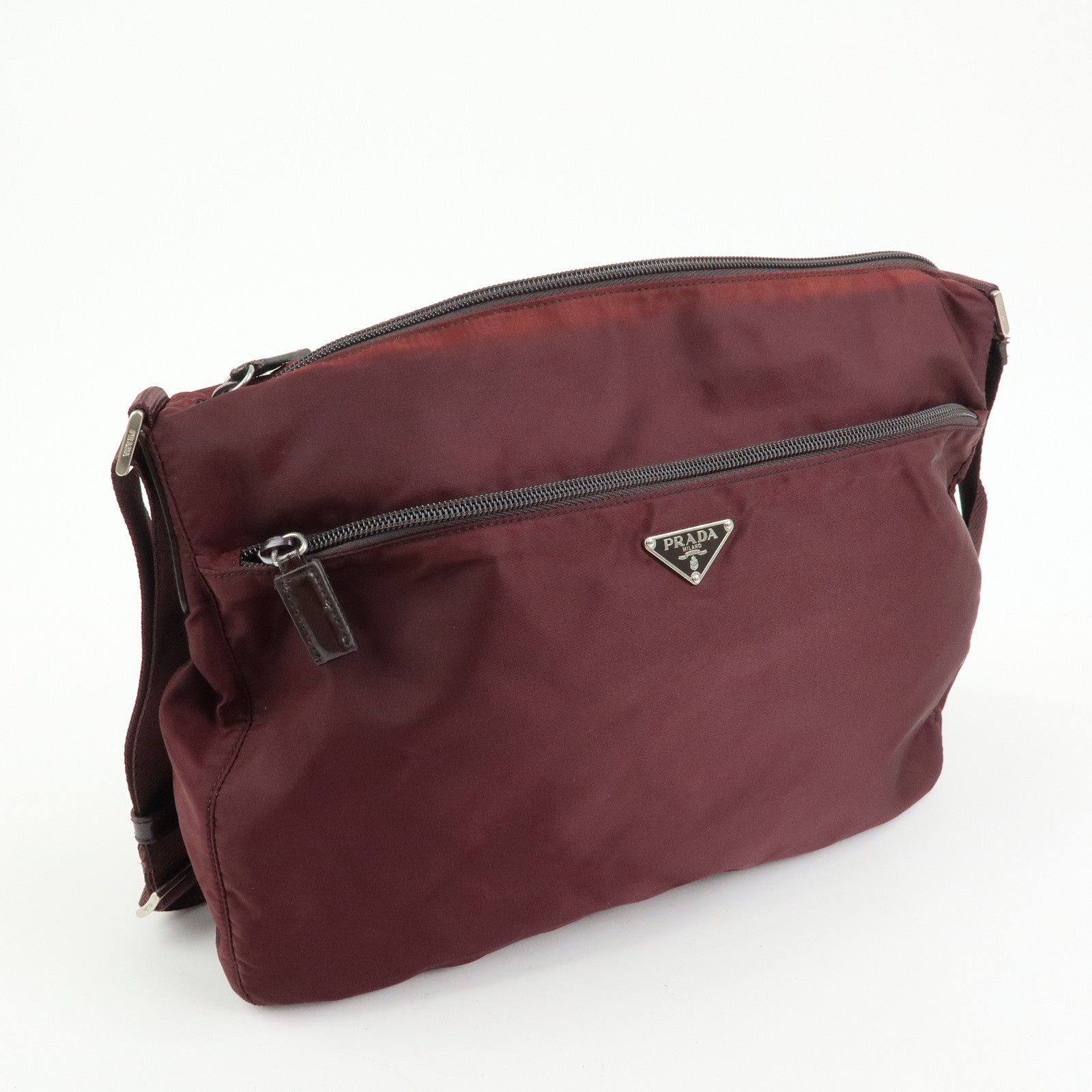 PRADA Triangle Logo Nylon Leather Shoulder Bag Burgundy BT0426