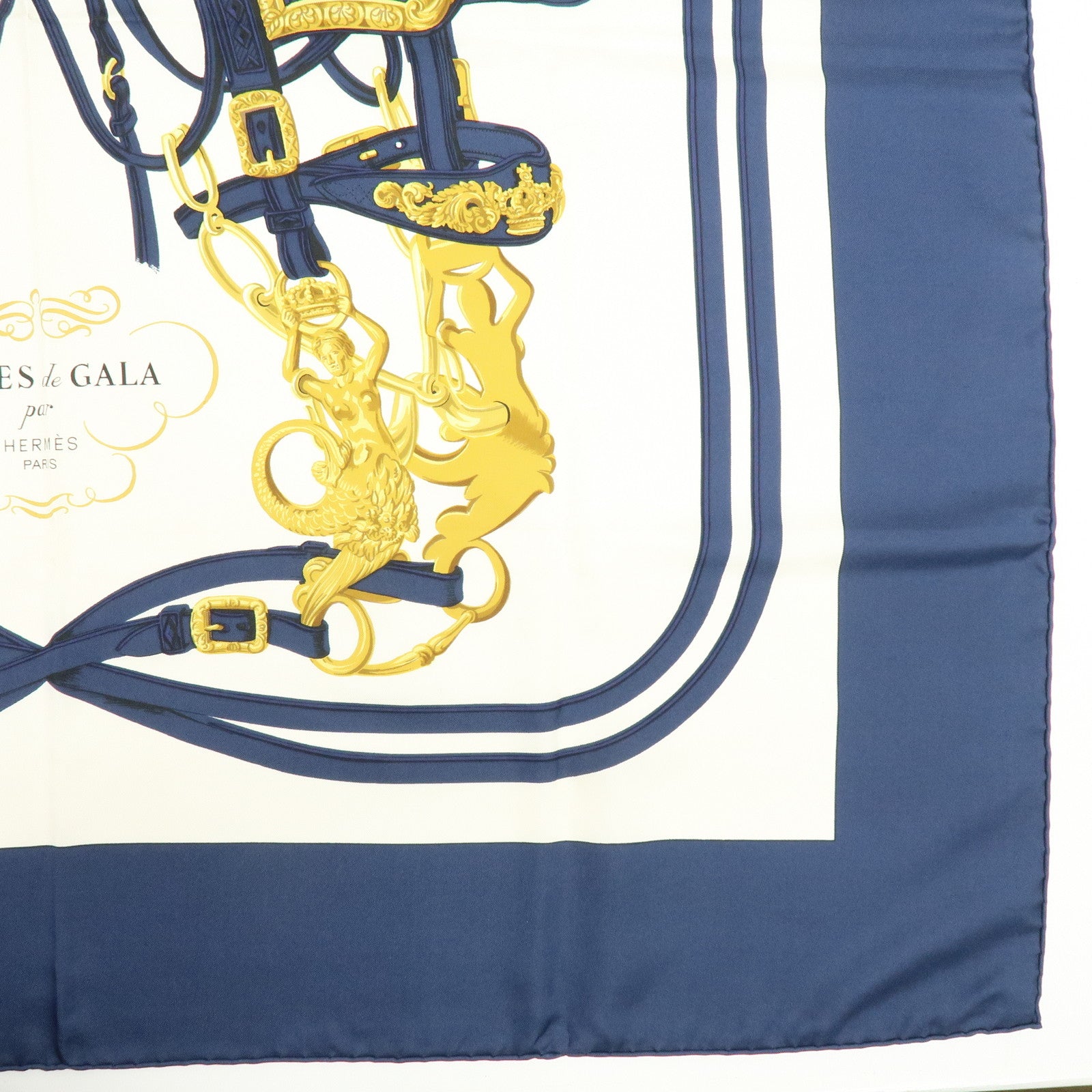 HERMES Carre 90 Silk 100% Scarf BRIDES DE GALA Navy White Gold
