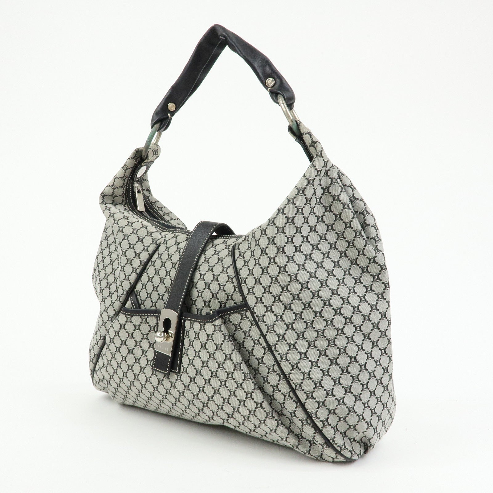 CELINE Macadam Canvas Leather Shoulder Bag Grey Black Silver