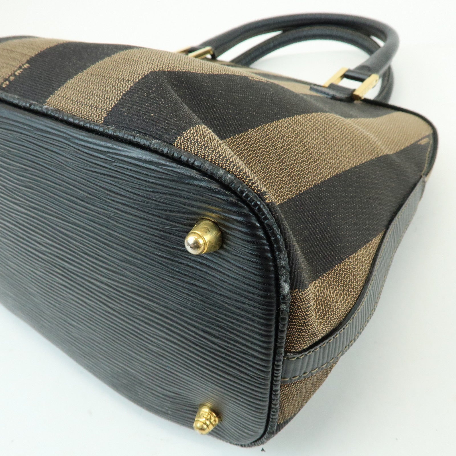 FENDI Pequin Canvas Embossed Leather 2Way Bag Hand Bag Brown