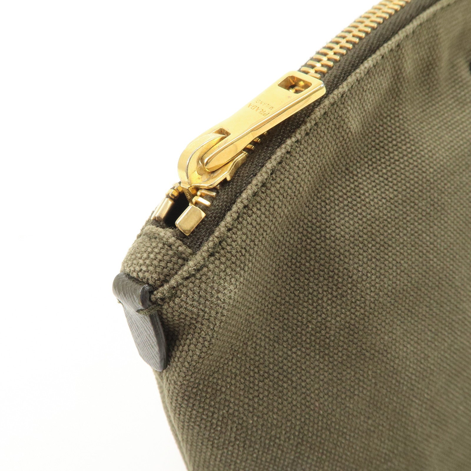PRADA Triangle Logo Canvas Leather Cosmetic Pouch Khaki 1N1857 Used