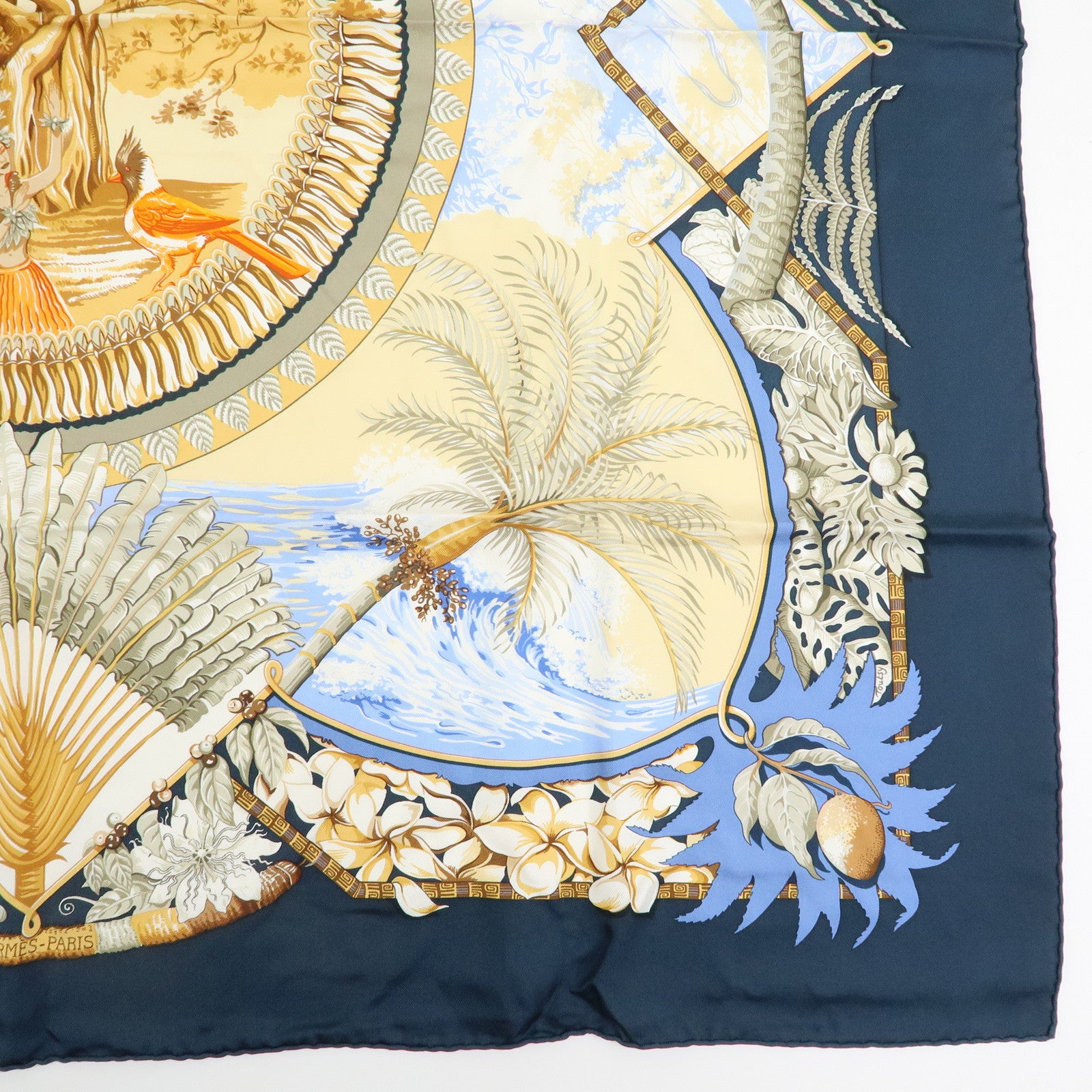 HERMES Carre 90 Silk 100% Scarf ALOHA Navy Light Brown