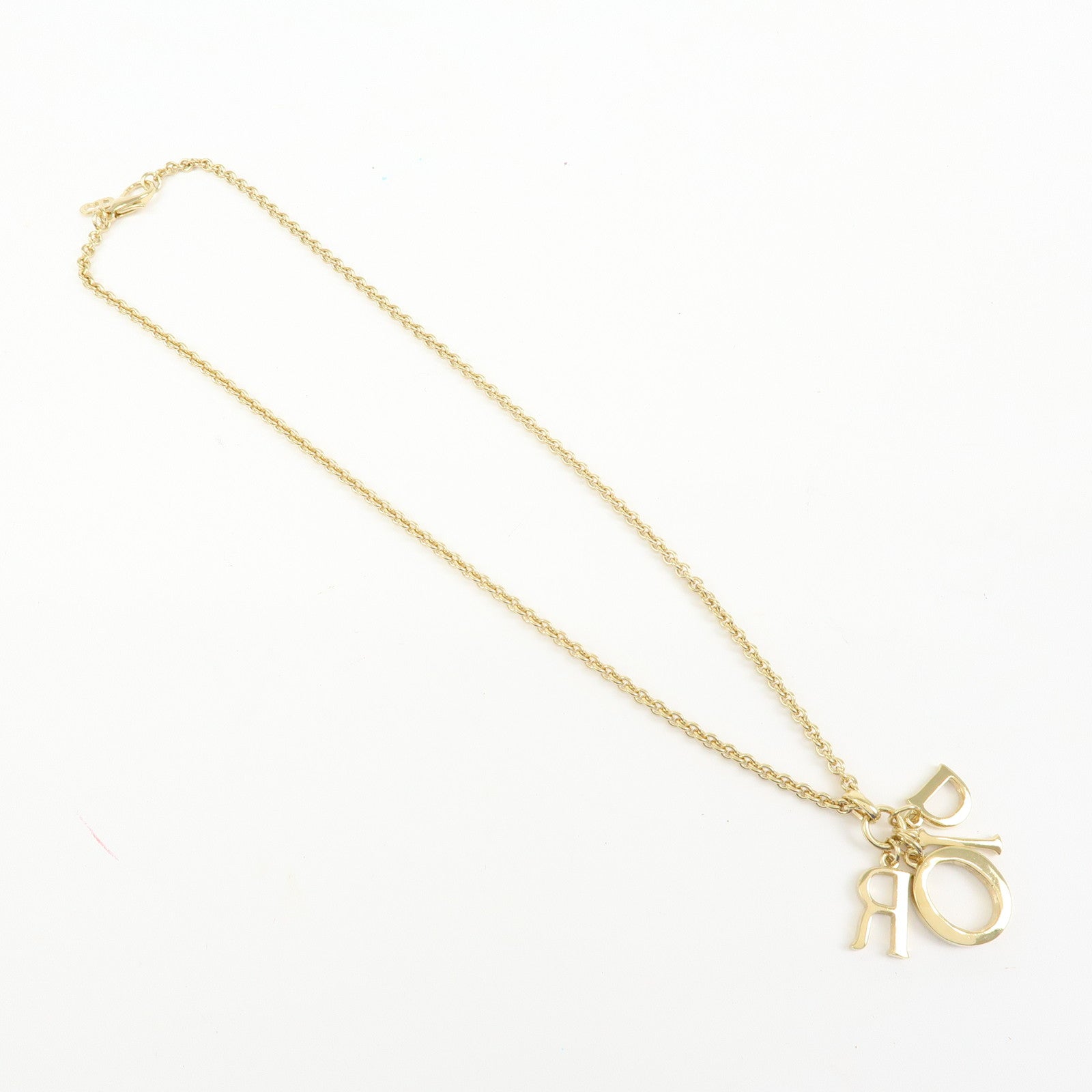 Christian Dior Logo Metal Rhinestone Pendant Necklace Gold