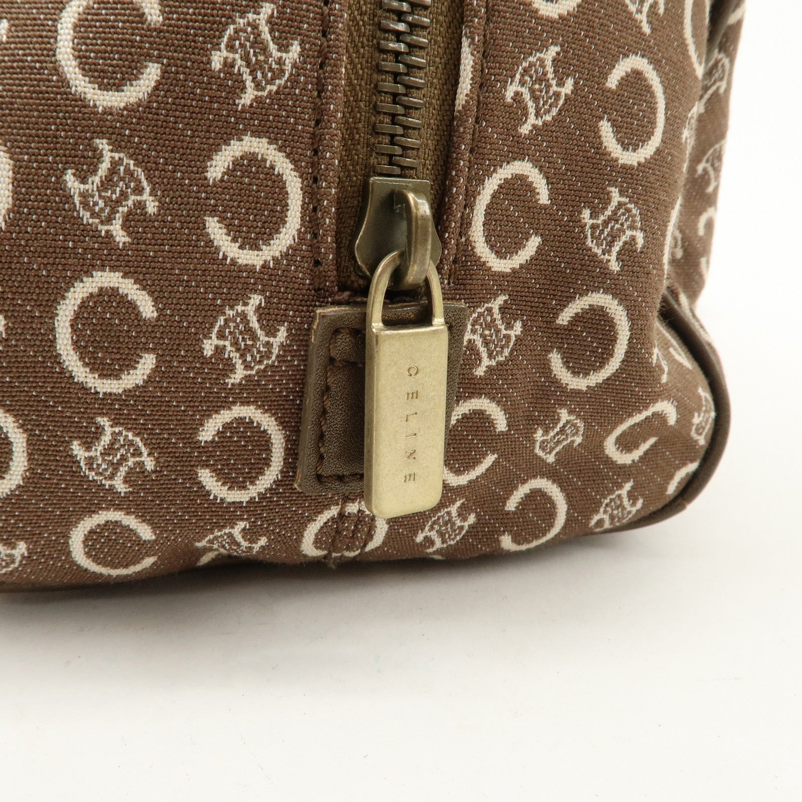 CELINE C Macadam Canvas Leather Boston Bag Hand Bag Brown White Used