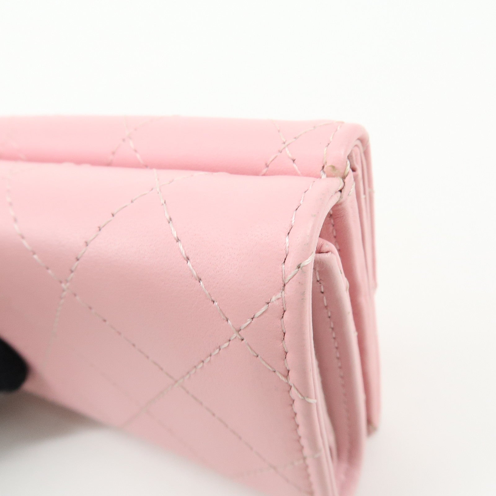 CHANEL COCO Mark Wild Stitch Calf Skin Tri-Fold Compact Wallet Pink