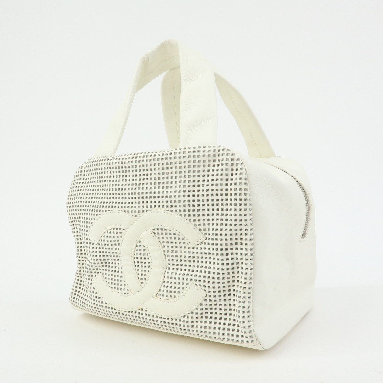 CHANEL COCO Mark Calf Leather Hand Bag Perforated Design Ivory