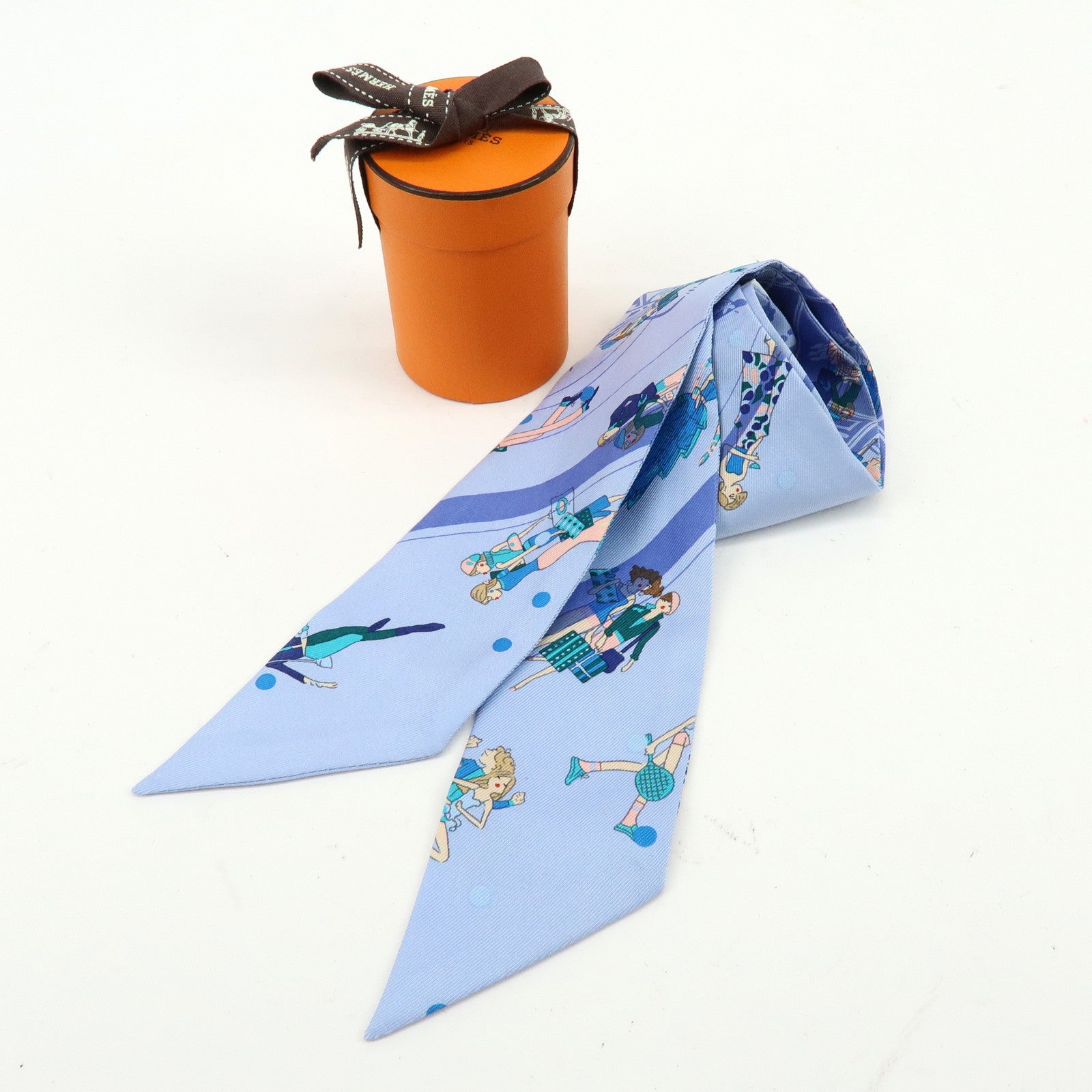HERMES Twilly Silk 100% Scarf Ex-Libris Les Parisiennes Light Blue