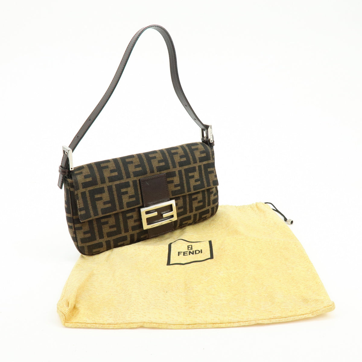FENDI Mamma Baguette Jacquard Canvas Leather Shoulder Bag 26424