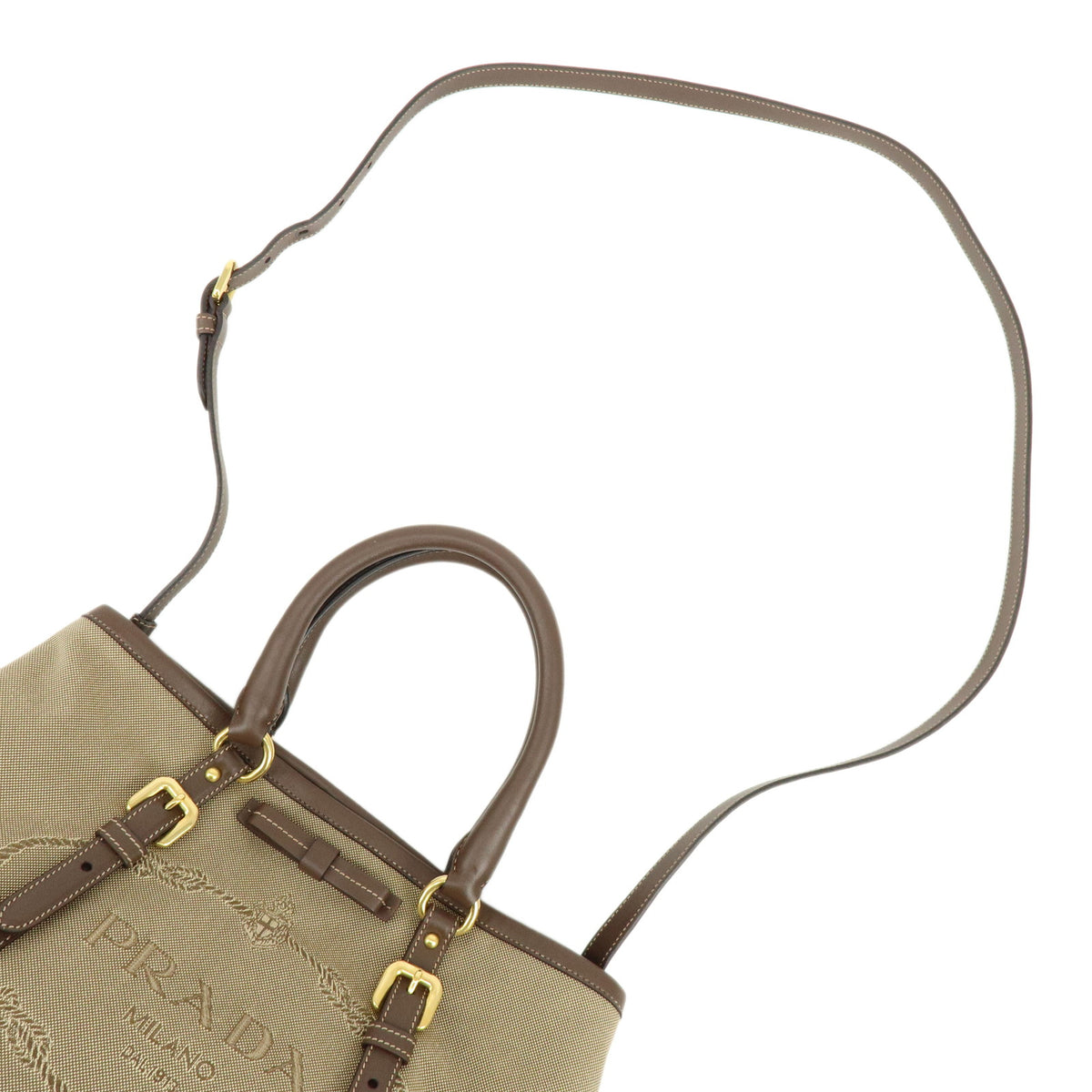 PRADA Triangle Logo Jaquard Canvas Leather 2Way Tote Bag Brown BN1841