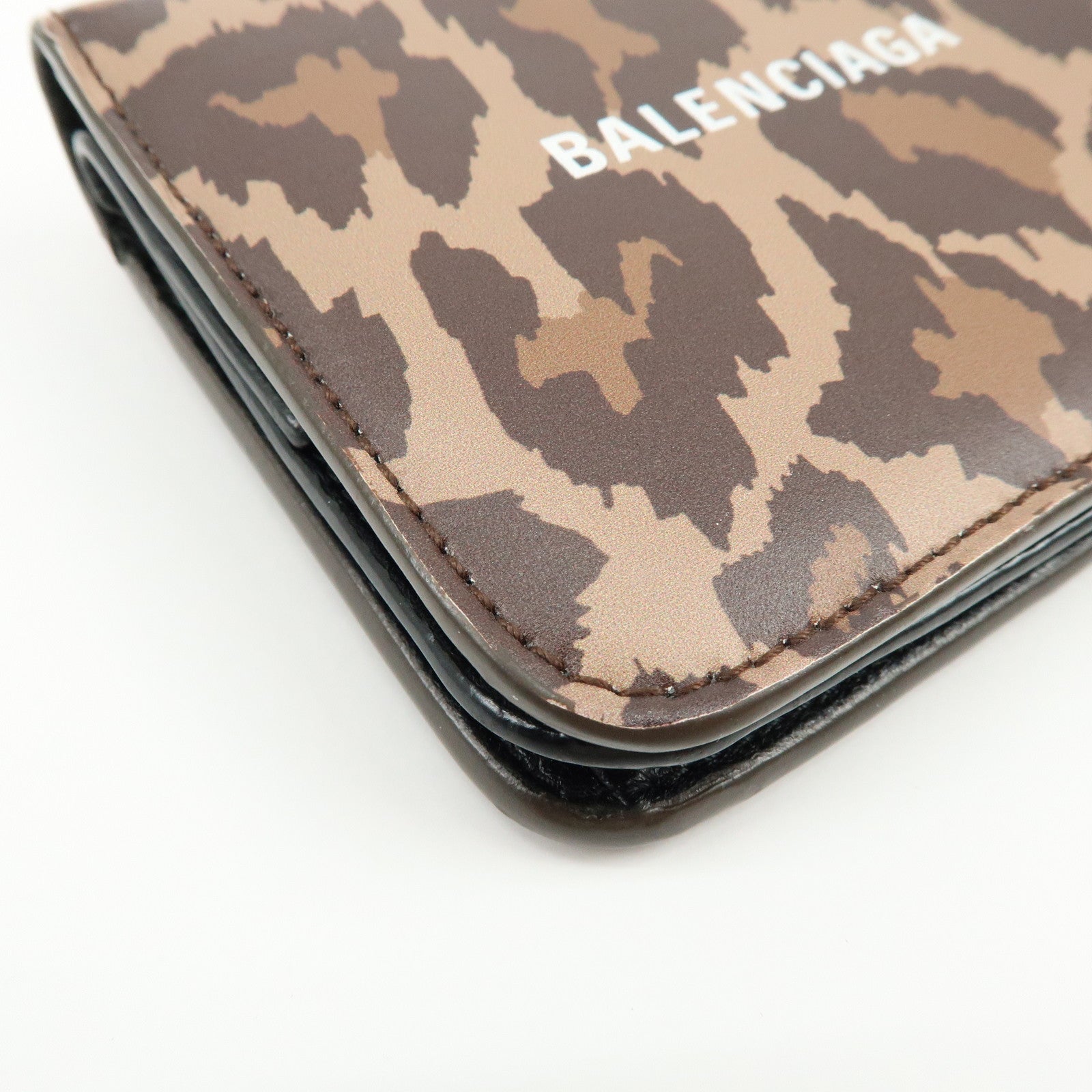 Balenciaga Leather Bi-Fold Compact Wallet Leopard Motif Brown