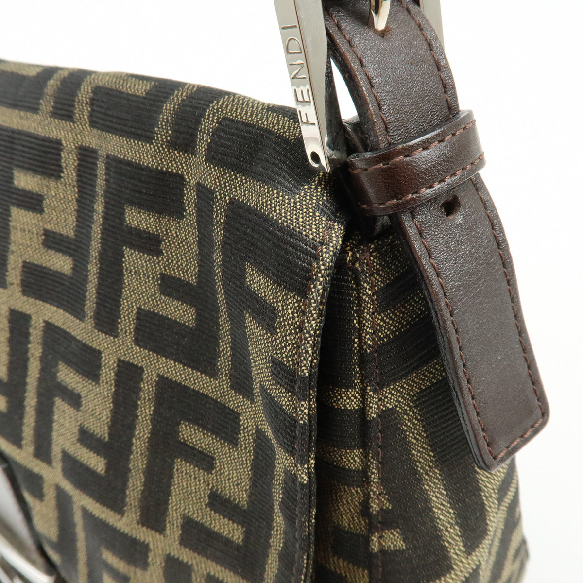 FENDI Mamma Baguette Jacquard Canvas Leather Shoulder Bag Brown 26325